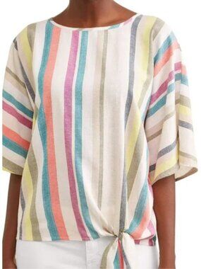 Striped Linen Blend Blouse with Side Tie Detail | XL (16-18)